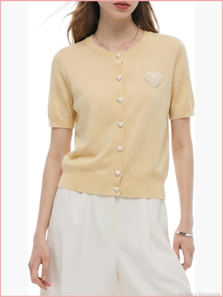 Women's Short Sleeve Cardigan Knit Top With Heart Buttons Lyocell Blend